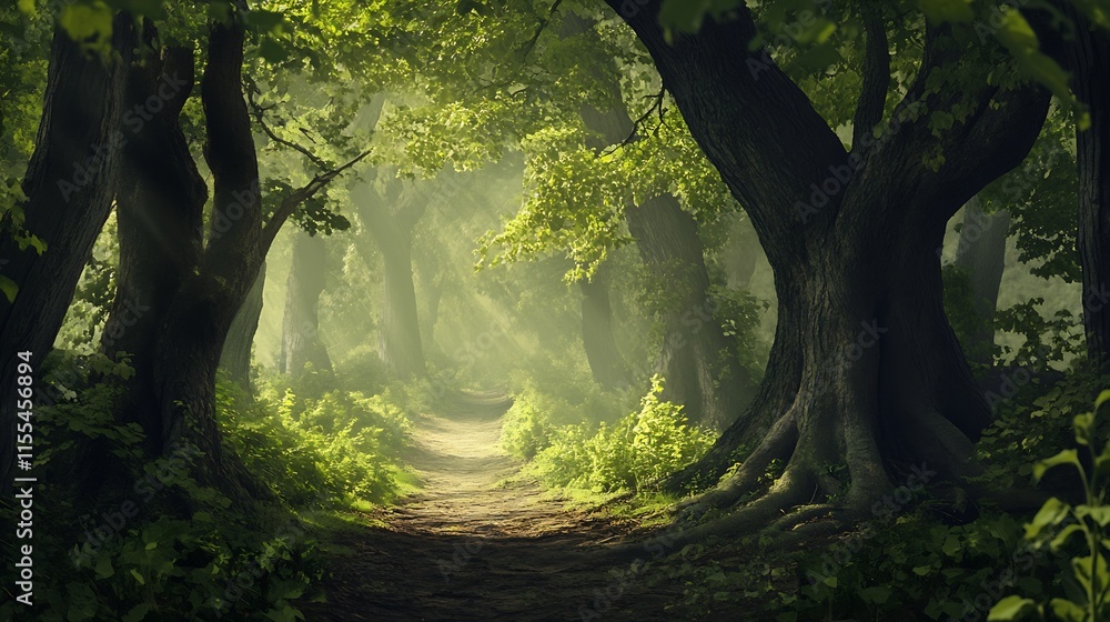 Poster lush mysterious forest pathway with ancient trees shrouded in green creating a peaceful escape : gen