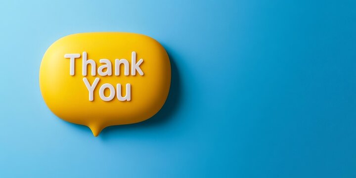 Bright thank you message in yellow speech bubble on blue background