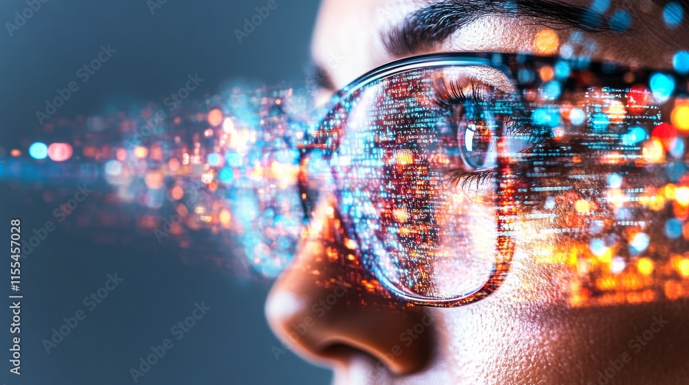 Poster exploring the intersection of technology and vision with vibrant data visualization effects