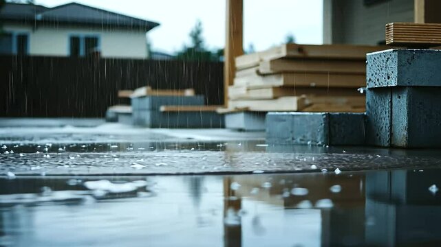 1_Raindrops on House Foundation with Construction Materials Puddles