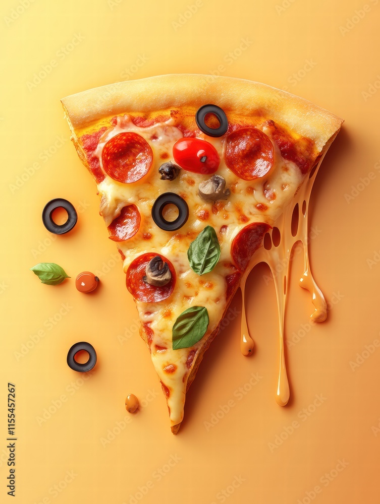 Aufkleber delicious pizza slice with vibrant toppings and cheese drips on minimalist backdrop ideal for food l