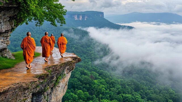 The monks, dressed in traditional robes, moved gracefully along the winding path that hugged the edge of the mist covered cliff, their steps silent against the damp earth.
