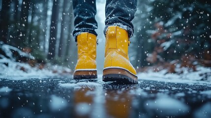  A person wearing yellow boots stands on the wet road, surrounded by snow-covered trees and a cloudy sky.