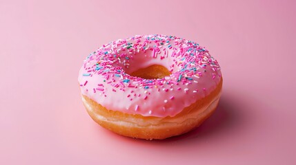 A pink frosted donut with colorful sprinkles.