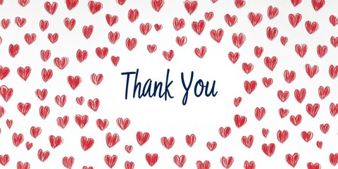 Thank you card with red hand-drawn hearts on white background