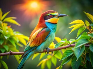 Obraz premium European Bee-eater Bird on Branch, Worm's Eye View, Green Leaves, Wildlife Photography, Nature Image, Close-up