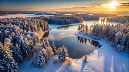 Estonian Winter Wonderland: Frozen Lake & Snow-Covered Forest Aerial Silhouette Photography