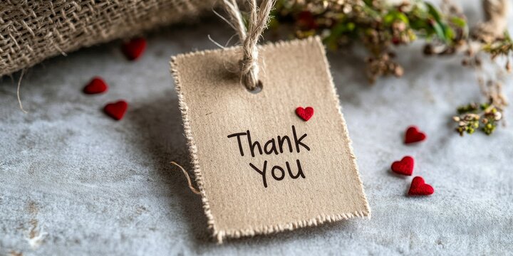 Rustic thank you card with red hearts and burlap background