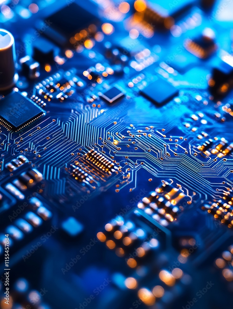 Poster detailed close up of electronic computer circuit board with blue and orange lights : generative ai