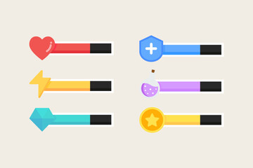 Video game bar template set. Heart, energy, diamond, shield, potion, coin half level indicator. Gaming, interface, menu concepts. Flat decorative vector design isolated illustration.