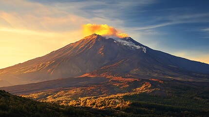 Fototapeta premium Picturesque Volcanic Landscape with Glowing Lava and Scenic Sunset : Generative AI