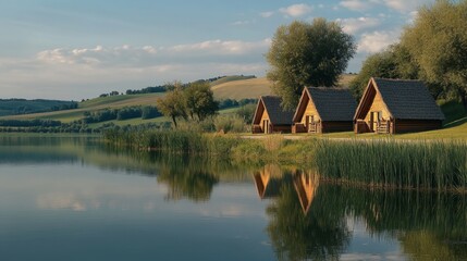 Obraz premium Serene Lakeside Cabins in a Picturesque Setting