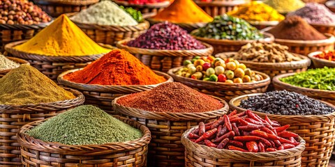 Fototapeta premium Farmers Market Spice Basket Variety: Close-Up Images of Aromatic Herb & Spice Gift Sets