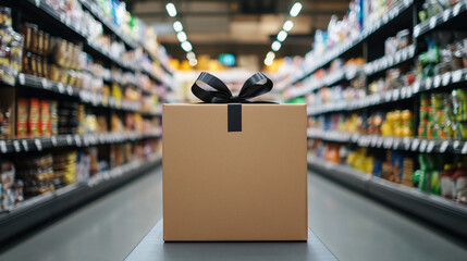 a gift box with a bow stands in a row in a grocery store. 