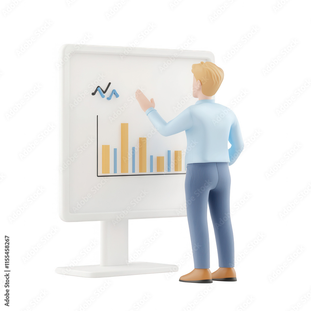 Poster a man analyzes data on a computer screen, showcasing business insights and trends., isolated on a tr