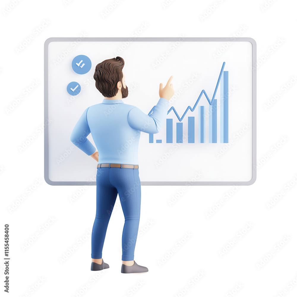 Poster a man analyzing data trends with a graph on a modern presentation board., isolated on a transparent 