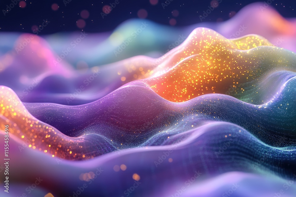 Poster abstract colorful waves of particles, glowing with vibrant light and creating a dreamy, ethereal lan