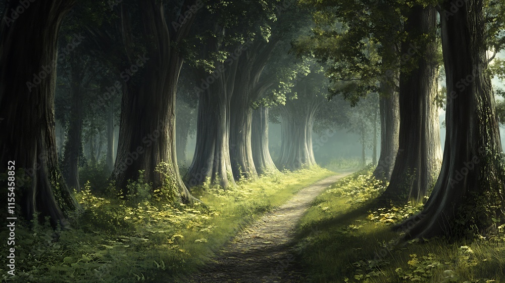 Aufkleber enchanting woodland pathway through majestic trees capturing the essence of nature and tranquility :