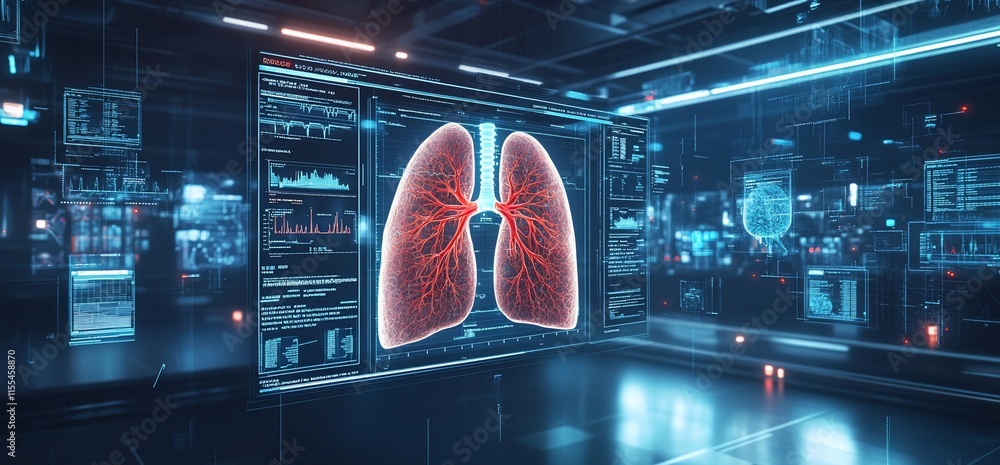 Poster 3d visualization of human lungs with data analysis in a futuristic setting.