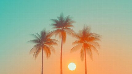 Palm trees silhouetted against pastel orange and blue gradient sunset sky creating a serene minimalist atmosphere in warm light. Generative AI