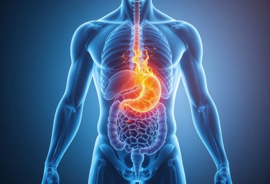 Illustration depicting heartburn with highlighted stomach and esophagus in a human body.