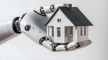 Robotic Hand Holding Small House Model Symbolizing Innovation in Smart Home Technology and Future of Automation in Residential Living and Architecture