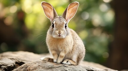 Fototapeta premium Sweet Baby Rabbit Outdoors Sitting on a Sunlit Rock Looking Inquisitive : Generative AI