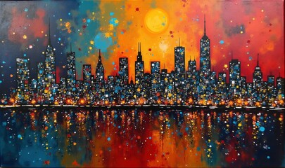 Vibrant city skyline painting capturing the essence of urban life at sunset, perfect for modern decor, business environments, or creative projects.