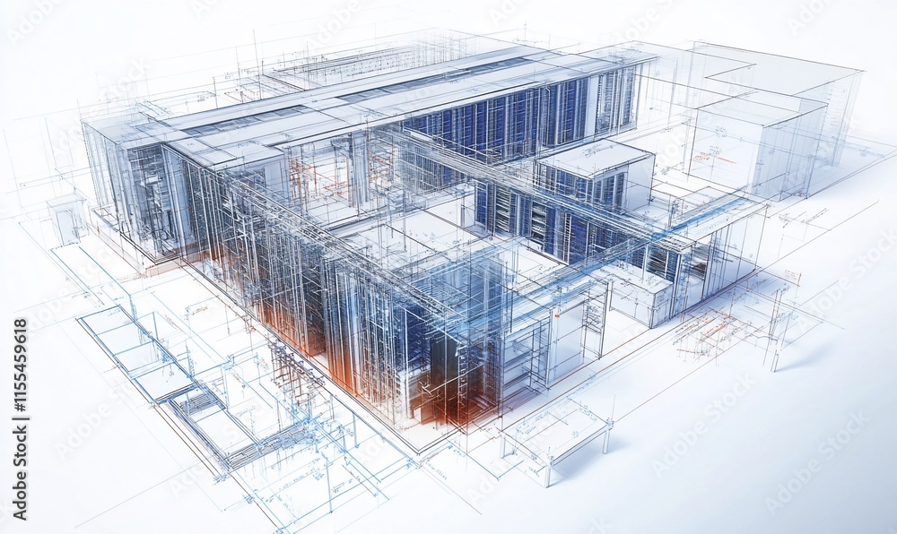 Poster a 3d architectural rendering of a complex structure with detailed outlines.