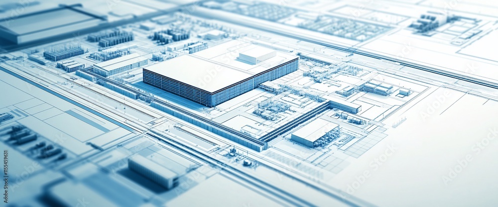 Poster a 3d architectural rendering of an industrial complex layout.
