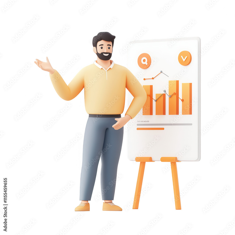 Poster a professional man presenting a business graph on a flipchart with enthusiasm., isolated on a transp