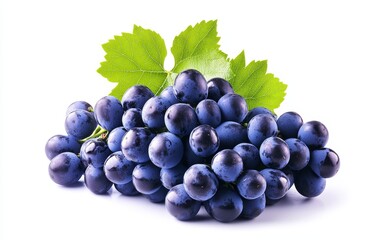 Fototapeta premium Fresh ripe dark-purple grapes with green leaves isolated on white background.