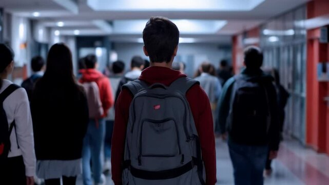 A male student walking to classes through a busy school hallway, surrounded by classmates.
