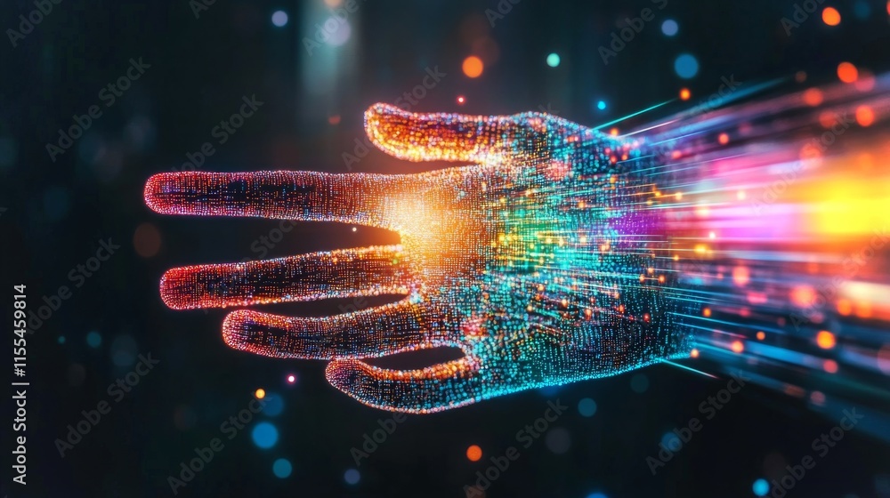 Poster digital hand emitting colorful particles in a futuristic setting