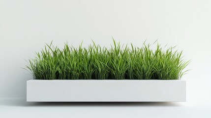 Elegant white podium with a clean edge, resting in vibrant grass on a seamless white background
