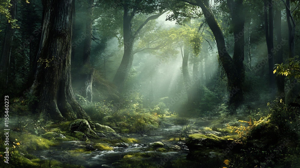 Aufkleber enchanting forest with stream and sunlit clearing among ancient trees : generative ai