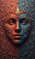 Naklejka premium A captivating illustration combining vibrancy and depth, showcasing a womans face beautifully adorned with intricate designs, symbolizing duality and harmony.