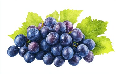 Fototapeta premium A cluster of dark purple grapes with green leaves, isolated on white background.