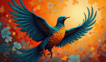 Fototapeta premium A vibrant, stylized illustration of a colorful bird in flight, surrounded by floral patterns, symbolizing freedom and creativity.