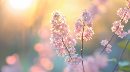 Obraz premium Serenity in Nature Pink Blossoms at Golden Hour with Soft Bokeh and Warm Sunlight : Generative AI