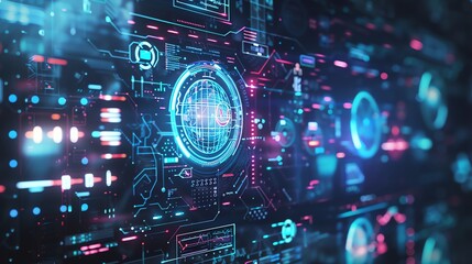 A futuristic digital interface with glowing blue and pink lines and circles.