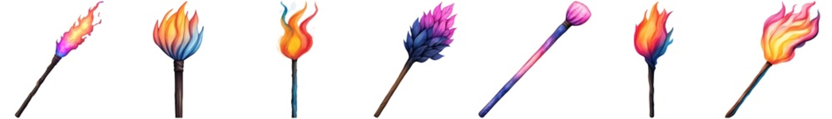 Fairy and myth sparkle, A series of colorful torches with flames in various vibrant styles and designs, showcasing their unique shapes and colors.