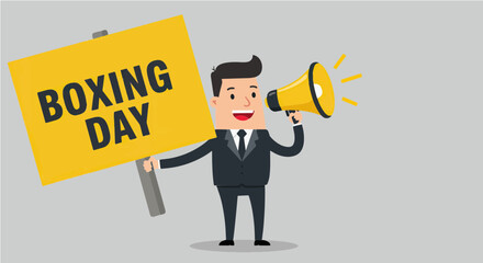 A cartoon businessman, positioned in the center of the image, is holding a large yellow sign that reads "BOXING DAY". 