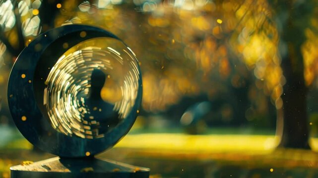 A dreamlike atmosphere as blurry movements and shapes coexist with the solid still sculptures in the park.