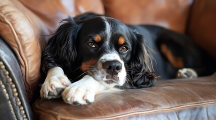 Peaceful Springer Spaniel Resting on Comfortable Leather Sofa : Generative AI