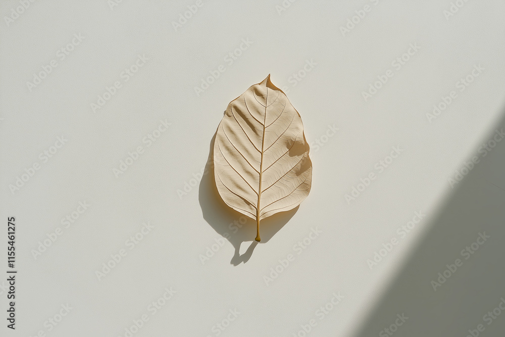 Poster A single delicate leaf resting on a white background with soft shadows.