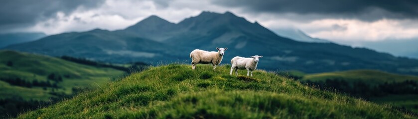 A serene landscape featuring a small herd of goats peacefully grazing on a lush green hill, highlighting the beauty of organic pastures and their harmony with nature This scenic image captures the