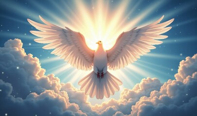 A serene illustration of a white dove soaring amidst clouds, symbolizing peace, hope, and divine presence. Perfect for spirituality, meditation, or inspirational themes.