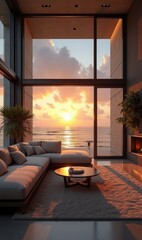 Obraz premium A modern living room with stunning ocean views at sunset, featuring a cozy sofa and elegant decor, perfect for showcasing a luxurious lifestyle.