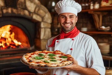 pizza chef tossing dough in the air in a professional kitchen, with flour particles and a warm oven glow in the background, celebrating National Pizza Day